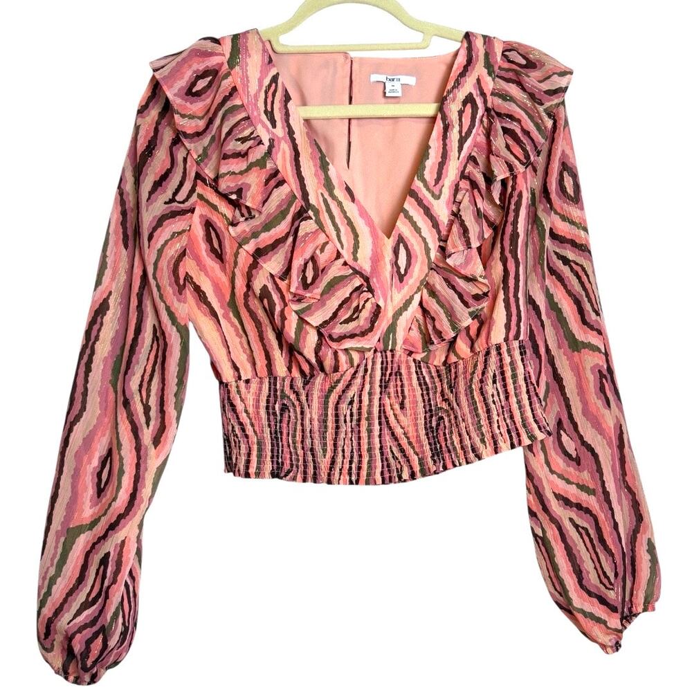*NWT* BAR III V-Neck Bell Sleeve Ruched Waist Blouse, Pink & Brown. Size: M - Picture 3 of 9